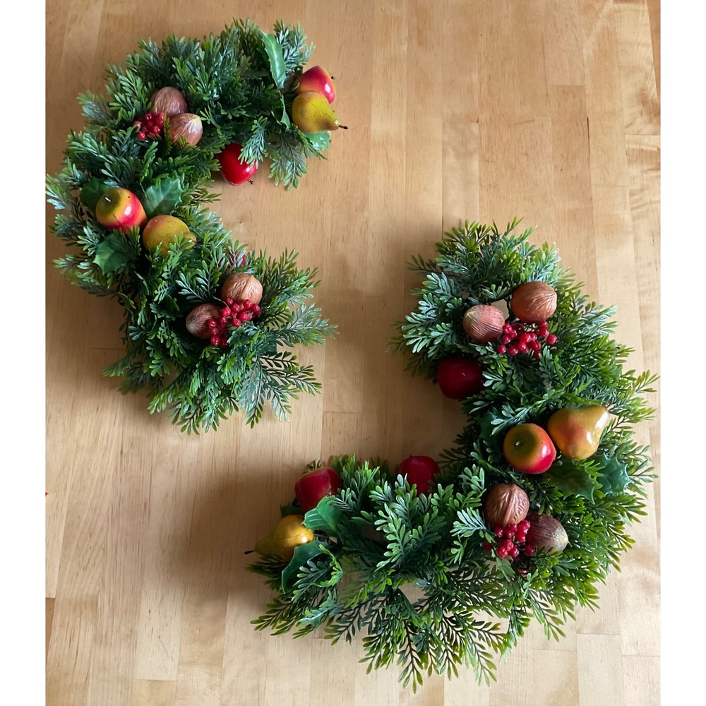Vintage Faux Fruit Evergreen Christmas Swags Set of 2 Apples Pears Walnuts 13in